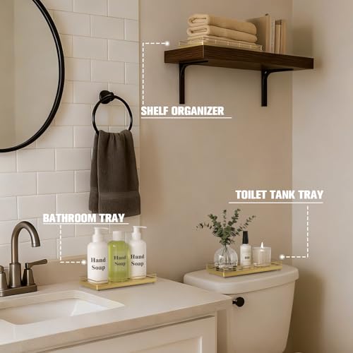 Bathroom Vanity Tray for Countertop, 12" x 6" Oak Wood Toilet Tank Tray with Metal Guardrail, Bathroom Organizer for Soap, Perfume & Skincare, Non-Slip Decorative Tray for Dresser & Vanity, Gold - color: All Golden, size: 12" x 6" x 1.5"