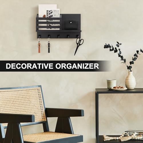 Key Holder Wall Mount, Mail Organizer for Wall with 5 Square Rustic Key Hooks Key Shelf Farmhouse Home Decor for Entryway - color: Black