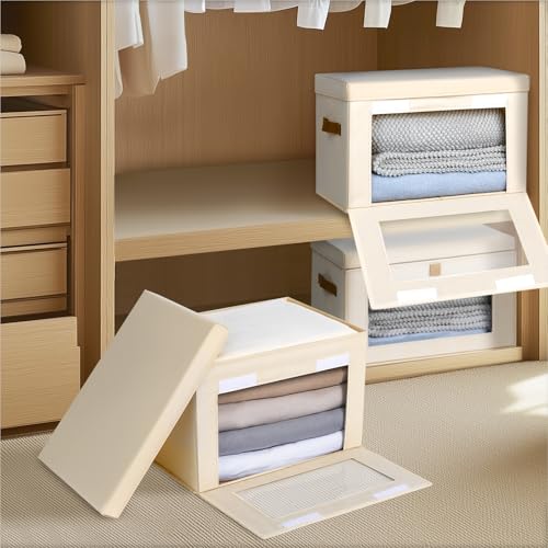 Homsorout Small Fabric Storage bins - Collapsible Storage Bins with Open Window, 4 Pack Closet Baskets for Shelves, Stackable Decorative Boxes for Home, Dorm, Beige, 13.7"x 9.8" x 9.8" - color: Beige, size: Small - 4 Pack