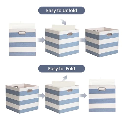 11 x 11 x 11 Inch Storage Bins, Collapsible Fabric Cubes, Cubby Organizer Bins Striped Container Baskets for Home Office Wardrobe Closet Shelf, Pack of 4, Blue/White - color: Blue/White, size: 11"x11"x11"
