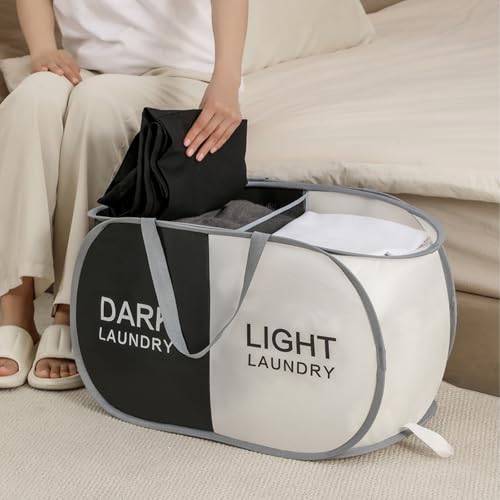 Collapsible Laundry Basket Durable Pop Up Hamper with 2 Compartments for Sort and Storage, Portable Dirty Clothes Hamper for Dorm, Laundry Room or Travel (Black + Begie) - color: Black + Begie, size: 1 Pack