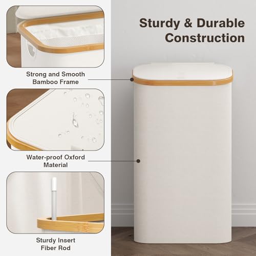 100L Laundry Hamper with Lid, Large Laundry Basket with Bamboo Handles, Clothes Hampers for Laundry with Removable Bag, Dirty Clothes Hampers for Bedroom Aesthetic, Beige - color: Beige