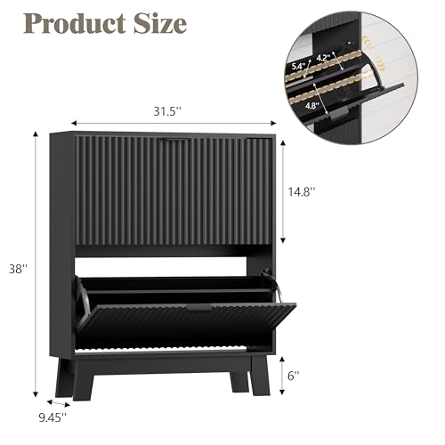 HUANLEGO Shoe Cabinet Storage for Entryway with 2 Flip Drawers, Fluted Narrow Shoe Organizer with Wooden Legs, Freestanding Slim Shoe Storage Hidden Shoe Rack Organizer for Front Door Entrance, Black - color: Black, size: 2 Drawer