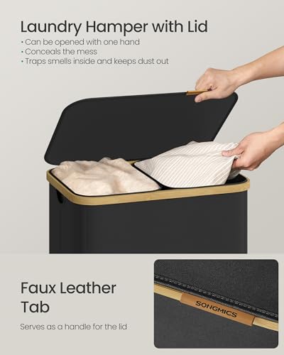 SONGMICS Laundry Hamper, Laundry Sorter with Lid, Storage Basket Bin, Removable Liners, Bamboo Frame, for Bedroom, 2 Sections, 39.6 Gal. (150 L), Ink Black ULCB532BH01 - color: Ink Black, size: 150 L (2-Section)