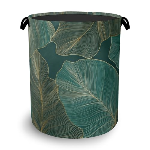 Palm Leaf Golden Laundry Hamper,Tropical Dirty Clothes Laundry Basket with Handles Waterproof Oxford Cloth Storage Basket for College Dorms Bathroom Bedroom 16" x 20.8" - color: Palm Leaf Golden Tropical