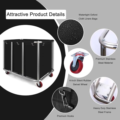 Commercial Laundry Cart with Wheels, 470L Industrial Rolling Laundry Basket, Large Heavy Duty Laundry Sorter with Watertight Oxford Bag & Sturdy Steel Frame for Home, Hotel, Hospital, 440 lbs (Black) - color: Black