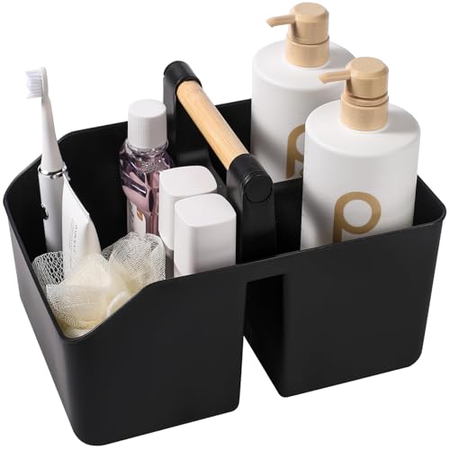 rejomiik Portable Shower Caddy Basket with Bamboo Handle, Plastic Cleaning Caddy Bathroom Organizer Tote for College Dorm Essentials, Bath Toy Storage, Black - color: Black