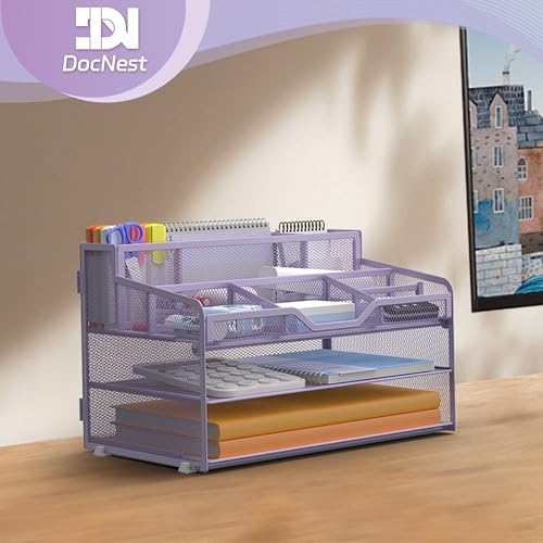 Docnest 3 Tier Mesh Desk Organizer for Paper Office Supplies – Multi-Functional Letter Tray with 5 Adjustable Compartments, 3 Pen Holders, Desktop Storage for Files, Mail, Stationery – Purple - color: Purple, size: 12.7" x 9.1" x 8.6"