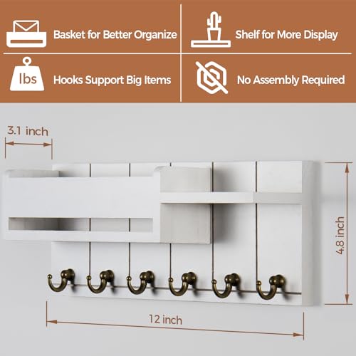 RelaxScene Key Holder Wall Mount - Key Hooks for Wall Decor Living Room - Wooden Key Hanger Rack and Mail Organizer with Shelf for Home Essentials - Modern Entryway House Decor Aesthetic - color: White, size: M(12''x4.8'')