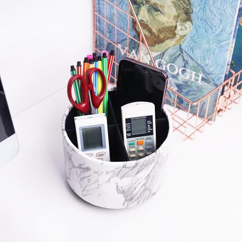 Round Leather Art Supply Organizer,Remote Control Holder,360-degree Rotating Pen Organizer with 4 Compartments(1-Marble White Silver) - color: 1-Marble White Silver