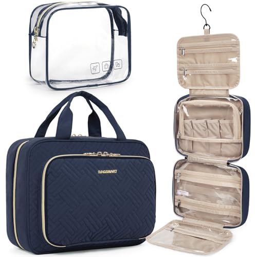 BAGSMART Toiletry Bag Hanging Travel Makeup Organizer with TSA Approved Transparent Cosmetic Bag Makeup Bag for Full Sized Toiletries, Medium-Navy - color: Navy, size: Standard