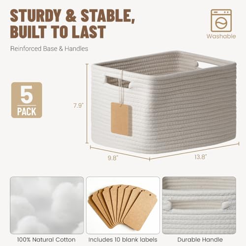 5 Pack White Woven Storage Baskets for Shelves, Decorative Basket Organizer Storage Bins for Toys, Books, Clothes, Closet, Nursery, Bathroom – Cotton Rope Shelf Baskets for Organizing and Decor - color: White
