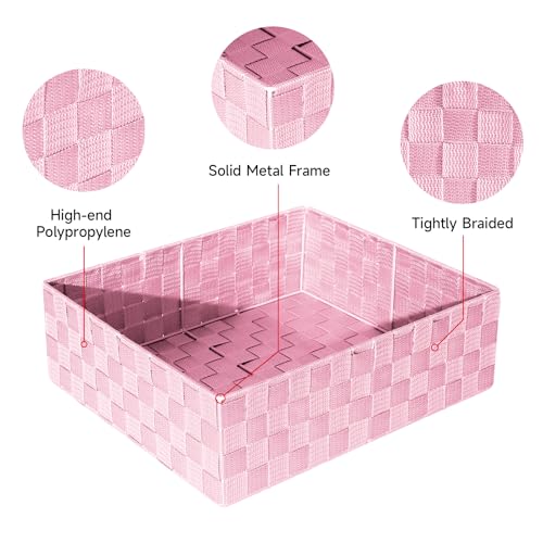 Drawer Organizer, Cube Baskets for Storage Shelves, Handmade Small Woven Basket, Shallow Storage Bins for Organizing Desk, Dresser, Kitchen, Pantry, Nested 7 Pack, Pink - color: Pink