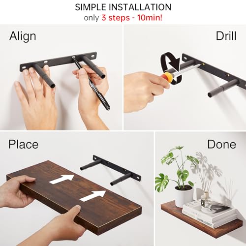 BAYKA Bathroom Floating Shelves for Wall Set of 3 - Rustic Brown Farmhouse Wood Shelves Over Toilet for Bedroom, Kitchen, or Living Room Decor Display, Storage for Plants, Toilet Paper or Bath Towels - color: B. Rustic Brown - Americana Farmhouse Style, s