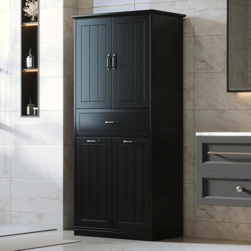 Virubi Tall Laundry Cabinet with 2 Tilt Out Laundry Hamper, Wood Bathroom Storage Cabinet with Doors,Drawers and Adjustable Shelves Freestanding (Black,30"x15.7"x65.8") - color: Black, size: 30"x15.7"x65.8"