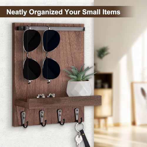 Key Holder Wall Mount, Key Holder for Wall with 4 Hooks, Farmhouse Key Hanger Holds Dog Leash, Sunglasses, Decorative Mail Organizer Home Decor (Brown) - color: Brown