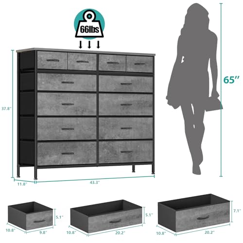VASICAR Gray Dresser for Bedroom with 12 Deep Drawers, Wide Chest of Drawers, Wood Top TV Stand, Tall Fabric Storage Cabinet for Closet, Nursery, Kid's Room - color: Carbon Grey