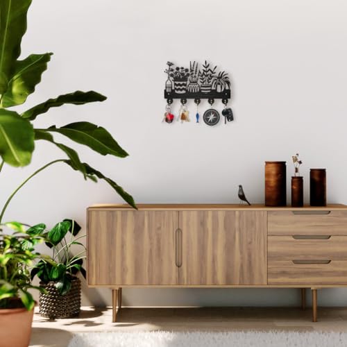 MAYJOYDIY Potted Plant Coat Hooks Wall Mount Wood Flower Pot Key Holder 11.87.9inch 5 Alloy Hooks Black Key Rack Organizer for Gift Wall Art Decor Florists Entryway Hallway Kitchen Room - color: Potted Plant