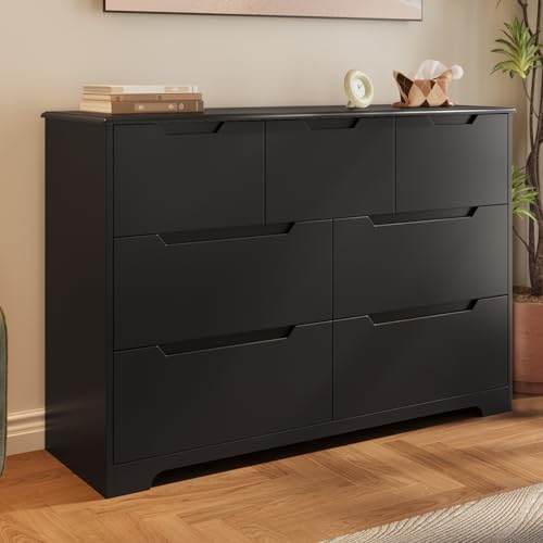 Gizoon 7 Drawer Dresser, 48" Wide Wood Chest of Drawers for Bedroom, Black Modern Storage Organizer, Handle Free Design, Living Room, Kids Room, Entryway, Hallway, Black - color: Black, size: 15.7"D x 47.2"W x 32.7"H (7 Drawers)
