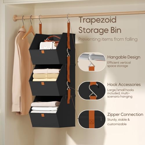 Homsorout Collapsible Hanging Closet Organizer - 3 Tier Closet Shelves Storage System with Hooks, Fabric Hanging Storage Bins for Clothes, Foldable Storage Basket for Laundry, Bedroom, Rv, Black - color: Black, size: 3 shelves