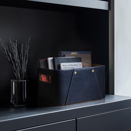 La Jolie Maison Storage Baskets for Organizing, 2 Pack, Luxury Vegan Leather Storage Cube Boxes for Closet Shelf Cabinet Bookcase, Navy Blue - color: Navy Blue