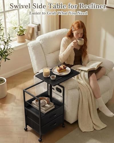 Faesun Swivel Lift Top Nightstand with Charging Station, Rolling Side Table for Recliner, Bedside Table with Wheels & 2 Fabric Drawers, for Small Spaces, for Bedroom, Living Room, Black - color: Black, size: 2 Drawers