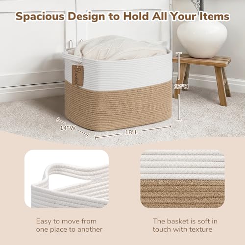 Goodpick Woven Storage Baskets for Organizing, Nursery Toy Baskets Storage Kids, Cotton Rope Basket with Handles, Rectangle Blanket Basket for Living Room, 18 x 14 x 12 Inches - color: Jute, size: 18"L x 14"W x 12"H