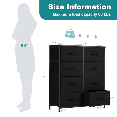 OLIXIS 8 Drawer Dresser for Bedroom, Wide Fabric Storage Tower with Wooden Top and Metal Frame, Closet Chest Organizer Furniture, Living Room Hallway, Black - color: Black, size: 11.8"D x 31.5"W x 36.4"H (8 Drawers)