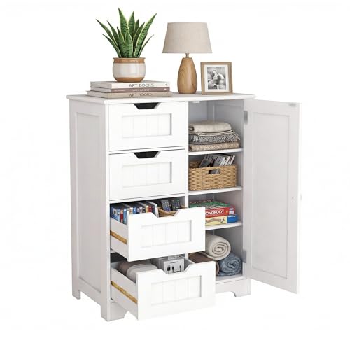 Casaphoria Bathroom Storage Cabinet with Drawers, Freestanding Floor Cabinet with Door and Adjustable Shelf, 4-Drawer Sideboard for Bathroom, Living Room, Kitchen, White - size: 22.04"L×11.81"W×32.68"H