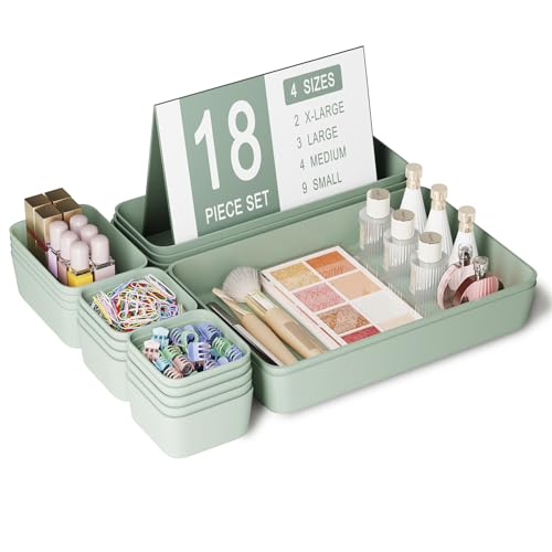 Plastic Drawer Organizers, 18 PCS Drawer Organizer Bins, Bathroom and Vanity Organizer Plastic Tray, Makeup organizer and storage for Makeup, Bedroom, Kitchen Gadgets Utensils and Office - color: Green, size: 18pcs