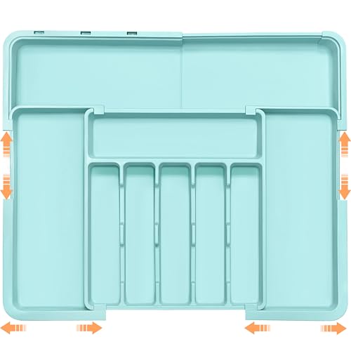 Silverware Organizer Expandable Kitchen Utensil Drawer Organizer Large BPA Free Adjustable Cutlery Silverware Tray for Spoons Forks Knives Storage Divider for Kitchen Flatware 6-9 Slots Turquoise - color: Turquoise