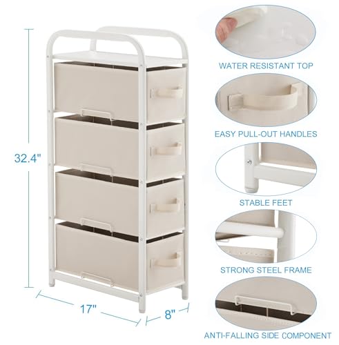 MAX Houser 4 Drawer Narrow Dresser Fabric Storage Tower Vertical Slim Storage Chest Organizer Nightstand Side/End Table Small Standing Organizer Removable Drawers Wood Top for Bedroom, Bathroom(Beige) - color: Beige1