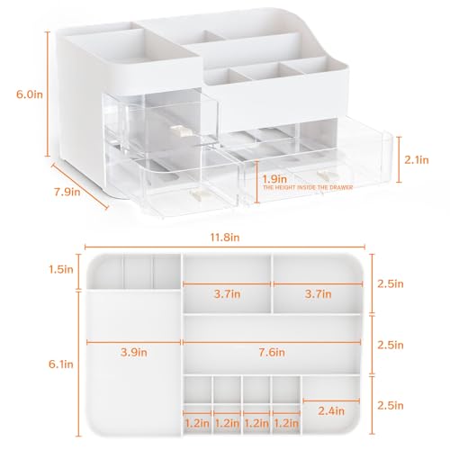 SuoXing White Make up Organizers for Vanity,Large Plastic Bathroom Counter Organizer With Drawers,Skincare Organizers and Cosmetic Storage for Dresser Top Skin Care,Beauty Products and Brush Holder - color: White