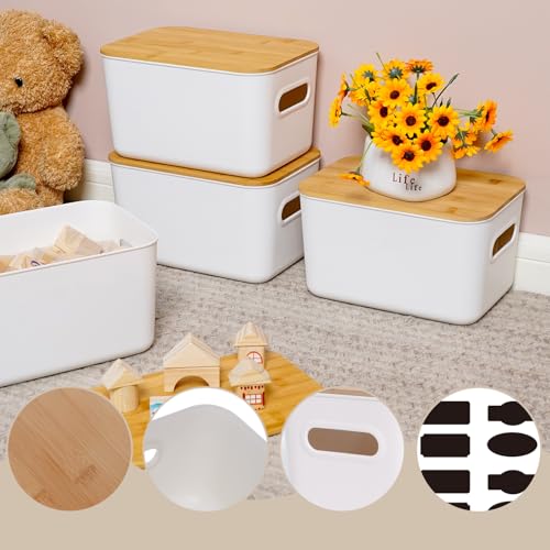 Citylife Storage Bins with Bamboo Lids 7QT Plastic Storage Containers Stackable Organizer Boxes with Handle for Desk Snacks, Toys, 4 PCS, 10" L x 7" W x 5.8" H - size: Small, style: 4 Pack