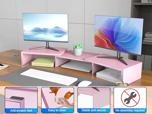 Desk Organizers and Accessories, Dual Monitor Stand Riser, Monitor Desk Shelf for Desktop Organization (Pink) - color: Pink