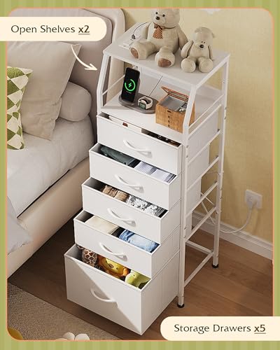 WLIVE LED Nightstand with Charging Station, White Dresser with 5 Fabric Drawers for Bedroom, Tall Night Stand with Open Shelves, Bed Side Tables Living Room - color: White, size: 5 Drawers