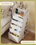 WLIVE LED Nightstand with Charging Station, White Dresser with 5 Fabric Drawers for Bedroom, Tall Night Stand with Open Shelves, Bed Side Tables Living Room - color: White, size: 5 Drawers