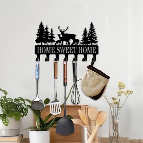 Key Holder Wall Mount, Home Sweet Home Sign, Deer Sign, Key Holder Wall for Wall Decorative with 6 Hooks, Organizer Rack Hanger for Entryway, Front Door, Hallway, Office 9.8 inches - color: Deer Sign Home Sweet Home Sign