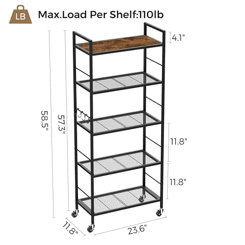 5-Tier Metal Storage Rack with Industrial Wheels,Mesh Shelving Unit with Wooden Table top,Adjustable Shelf,23.6-Inch Width,for Kitchen, Laundry,Pantry,Plant,Black - color: Brown Panel, size: 5 Tier (23.6"W x 11.8"D)