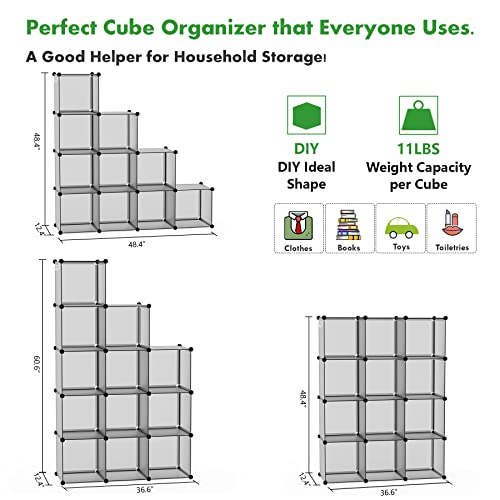 C&AHOME Cube Storage Organizer, 12-Cube Shelves Units, Closet Cabinet, DIY Plastic Modular Book Shelf, Ideal for Bedroom, Living Room, Office, 36.6" L x 12.4" W x 48.4" H Grey UPCS12G - color: Grey