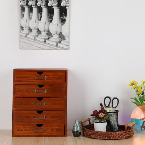 Wooden Storage Box with 5 Drawers Apothecary Drawers Vintage Wooden Drawers Wood Desktop Organizer with Drawers Countertop Drawers Library Card Catalog Cabinet Apothecary Cabinet （BROWN） - color: BROWN05
