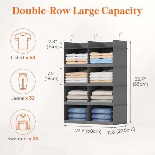 Lifewit Dual-Row Shelf Hanging Closet Organizer and Storage, Clothes Shelves with 3 Sturdy Hooks for Clothing Organization, Foldable Container Hold Up to 24 Sweaters, 4 Tier 8 Sections, Gray - color: Grey, size: 4-Tier