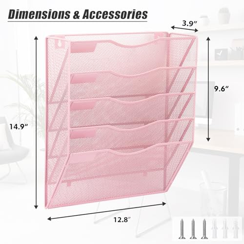 EASEPRES 5 Pocket Mesh Hanging Wall File Organizer, Wall Mounted Mail Paper Document Folder Holder, Clipboard Storage Organization Magazine Rack with Nametag Label for Office Home School, Pink - color: Pink, size: 5 Tier