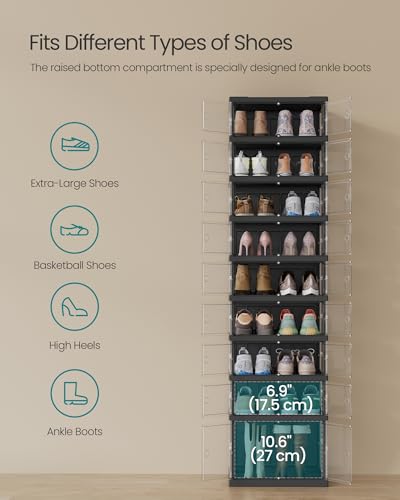 SONGMICS Foldable Shoe Storage Organizer for Closet, Stackable Sneaker Cabinet with Magnetic Door, Large Plastic Container Bins for Entryway, 9-Tier for 18 Pairs, Transparent and Ink Black ULSP918BH01 - color: Transparent + Ink Black, size: 9 Tiers (18 Pa