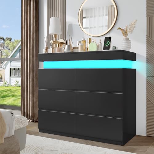 DreamDashio Modern 6 Drawer Dresser with Flip-Top Storage, Chest of Drawers for Closet with Floating LED Lights & Charging Station, Double Wide Drawer Organizer Cabinet for Bedroom, Living Room, Black - color: Black
