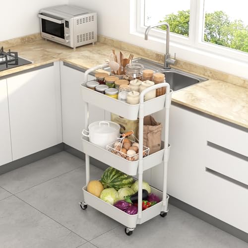 Sywhitta 3-Tier Plastic Rolling Utility Cart with Handle, Multi-Functional Storage Trolley for Office, Living Room, Kitchen, Movable Storage Organizer with Wheels, White - color: White, size: 3-tier