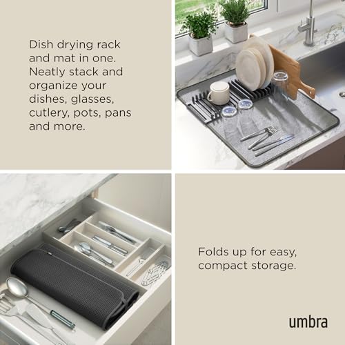 Umbra Udry Dish Rack and Microfiber Drying Mat – Space-Saving Design Folds Up for Easy Storage, Basic Rack, Dark Grey - color: Gray, style: Basic Rack