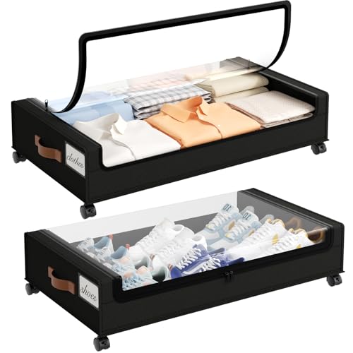 Yecaye Under Bed Storage with Wheels, 2 Pack Under the Bed Storage Containers with Lids & Label, XXL 60L Rolling Underbed Storage Drawers for Clothes, Blankets, Shoes, Black - color: Black, size: 2 Pack