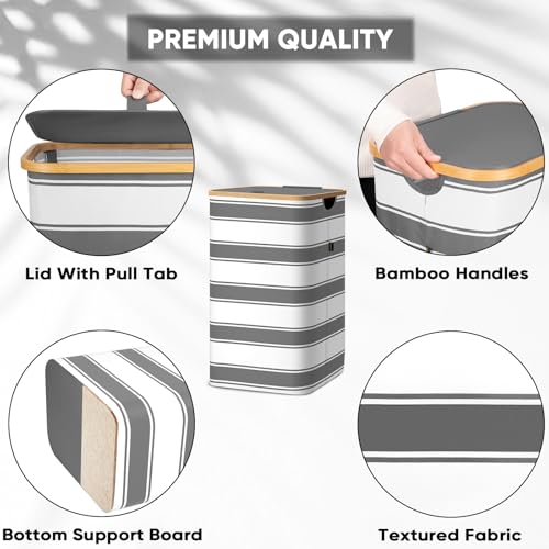 BALEINE Laundry Hamper with Lid, Tall Laundry Baskets with Bamboo Pull Handles, Large Laundry Bin with Internal Support (18 Gal/70L, Grey Stripe) - color: Grey Stripe, size: 70 liters