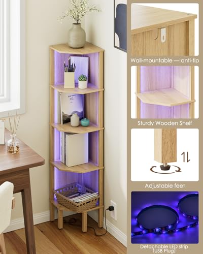 Corner Shelf Stand, 5 Tier Corner Bookshelf with Light,Corner Furniture for Bedroom Display Corner Shelf for Small Space,Wood Shelves with Storage Rack for Living Room,Office,Oak - color: Oak